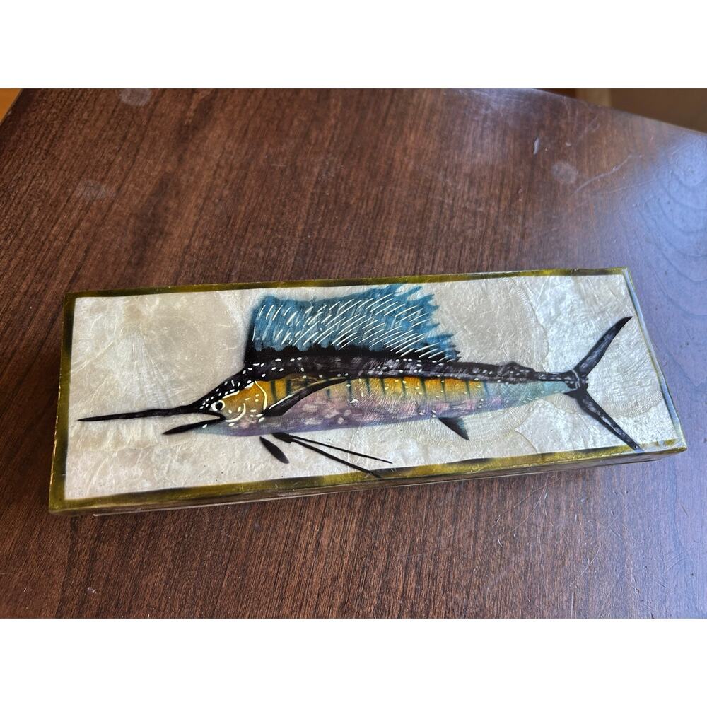 Sailfish Marlin Capiz Shell Keepsake trinket Box fishing beach decor